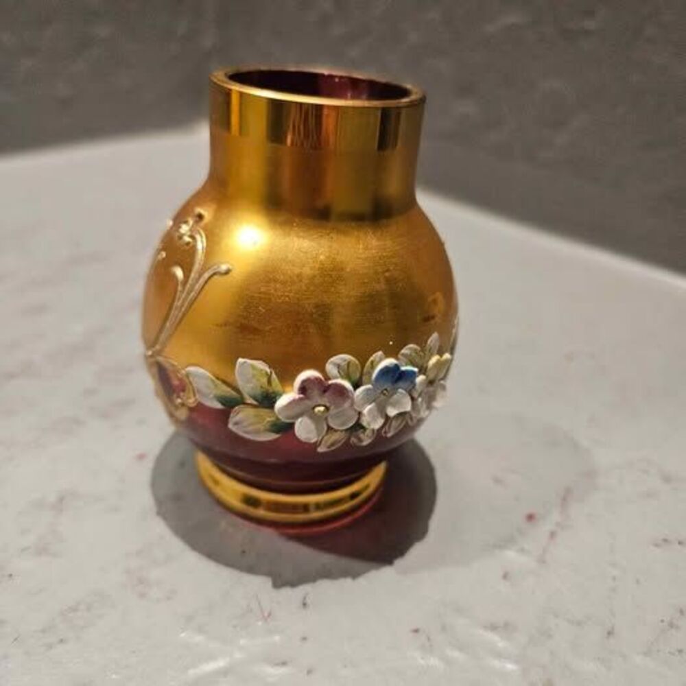Vintage Miniature Venetian Ruby Glass Vase Hand-Painted Flowers One Chip